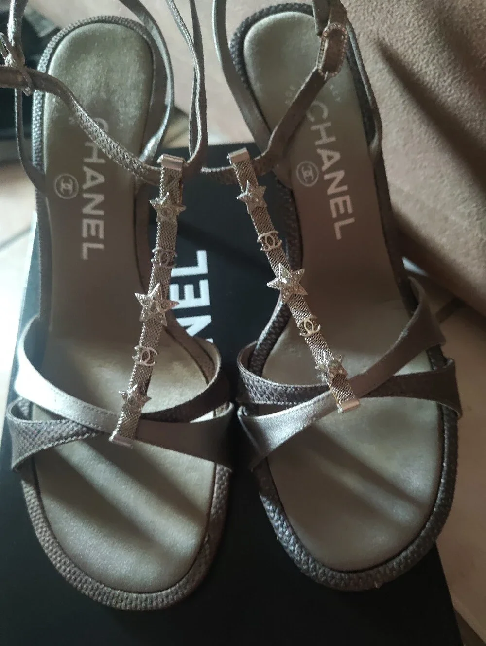 CHANEL satin rhinestone heels/sandals